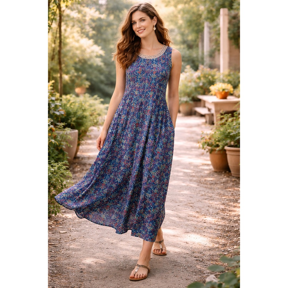Janasya Blue Floral Muslin Kurta Dress | Indian Boho Tank‎ Maxi Large